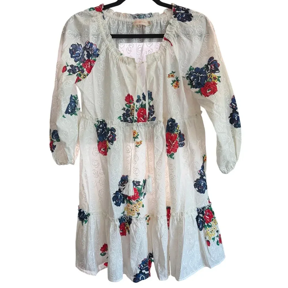 Tory Burch Ivory Floral Embroidered Peasant Tunic Dress Women's XS Long Sleeve